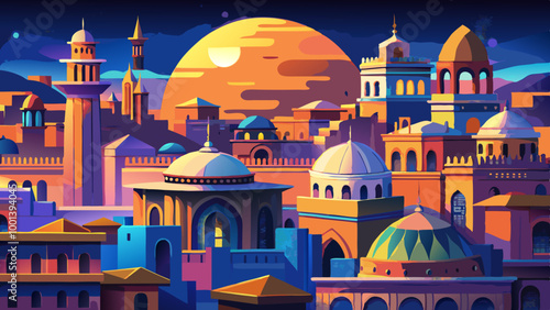 A colorful and vibrant cityscape at night, with a large full moon in the sky illuminating the rooftops and buildings below. The architecture appears to be Middle Eastern or Mediterranean in style