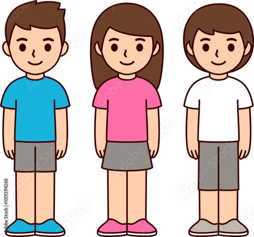 Cute cartoon boy in blue shirt, girl in pink shirt and kid in unisex clothes. Children gender expression. Simple flat illustration.