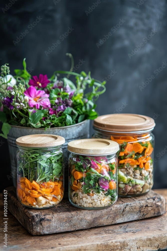 Colorful meal prep jars filled with fresh ingredients and herbs on a rustic wooden board. Colorful meal prep jars filled with fresh ingredients and herbs on a rustic wooden board.