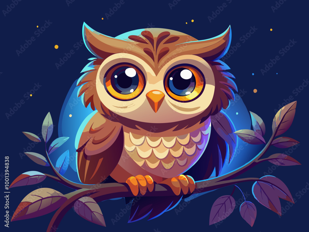 Obraz premium A happy little owl with wide, gleaming eyes, perched on a branch, against a solid dark blue background for a whimsical night-time vibe