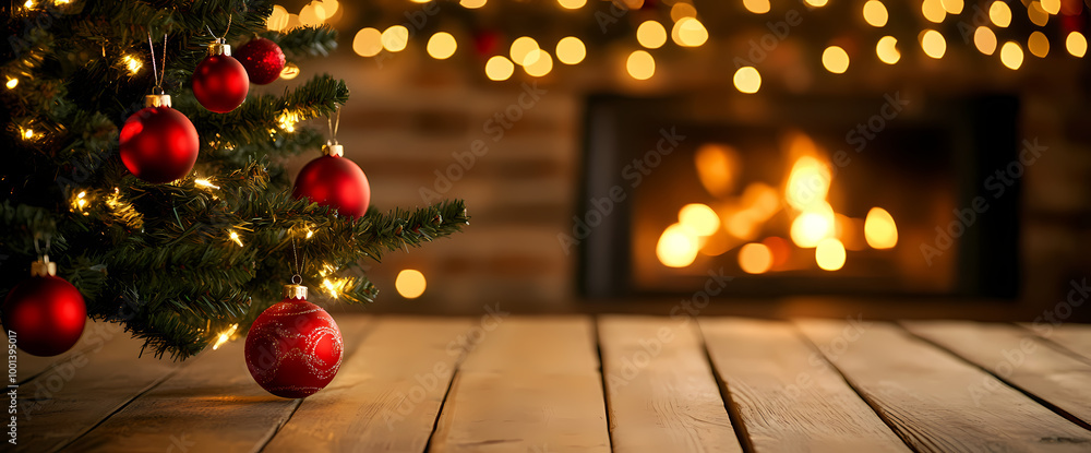 A Christmas tree adorned with red ornaments stands against a blurred background of warm lights. A Christmas tree adorned with red ornaments stands against a blurred background of warm lights.