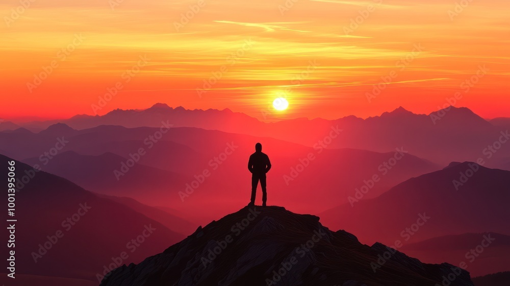 Fototapeta premium A silhouette of a person on a mountain peak at sunset, surrounded by distant mountains.