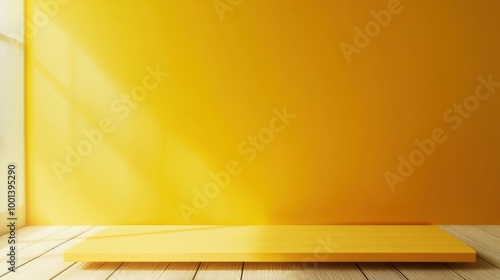 Bright yellow interior with wooden floor, perfect for displays. Countertop Background.