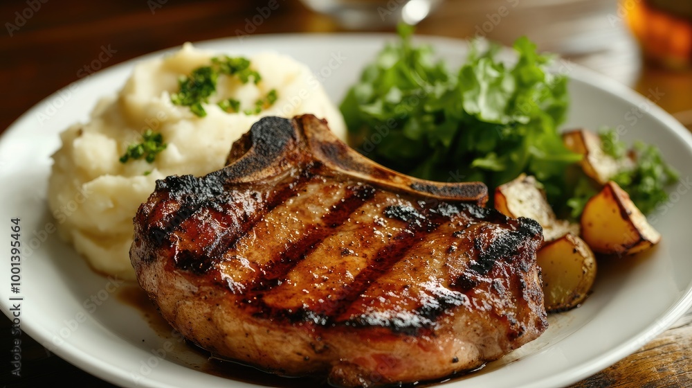 Juicy grilled pork chops, charred and seasoned, served with mashed potatoes and a side of greens. Juicy grilled pork chops, charred and seasoned, served with mashed potatoes and a side of greens.