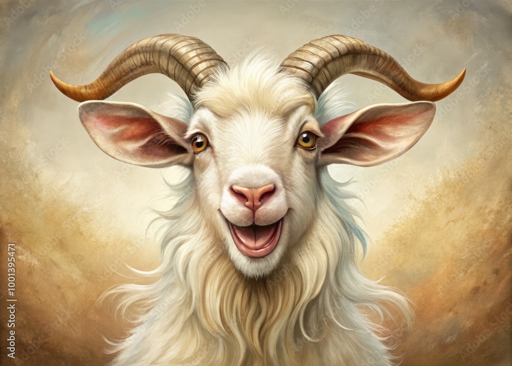 A whimsical illustration of a smiling goat with curved horns, fluffy fur, and a playful expression, set against a soft, creamy background with subtle textures. A whimsical illustration of a smiling goat with curved horns, fluffy fur, and a playful expression, set against a soft, creamy background with subtle textures.