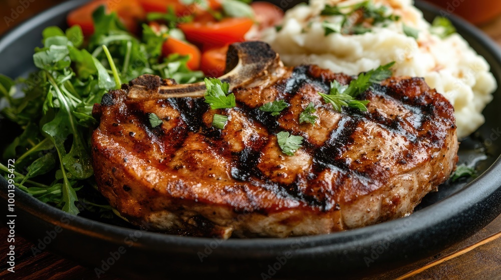 Juicy grilled pork chops, charred and seasoned, served with mashed potatoes and a side of greens. Juicy grilled pork chops, charred and seasoned, served with mashed potatoes and a side of greens.