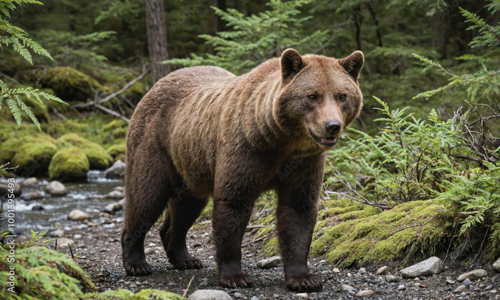 Fototapeta premium A large brown bear walks through a lush green forest near a stream