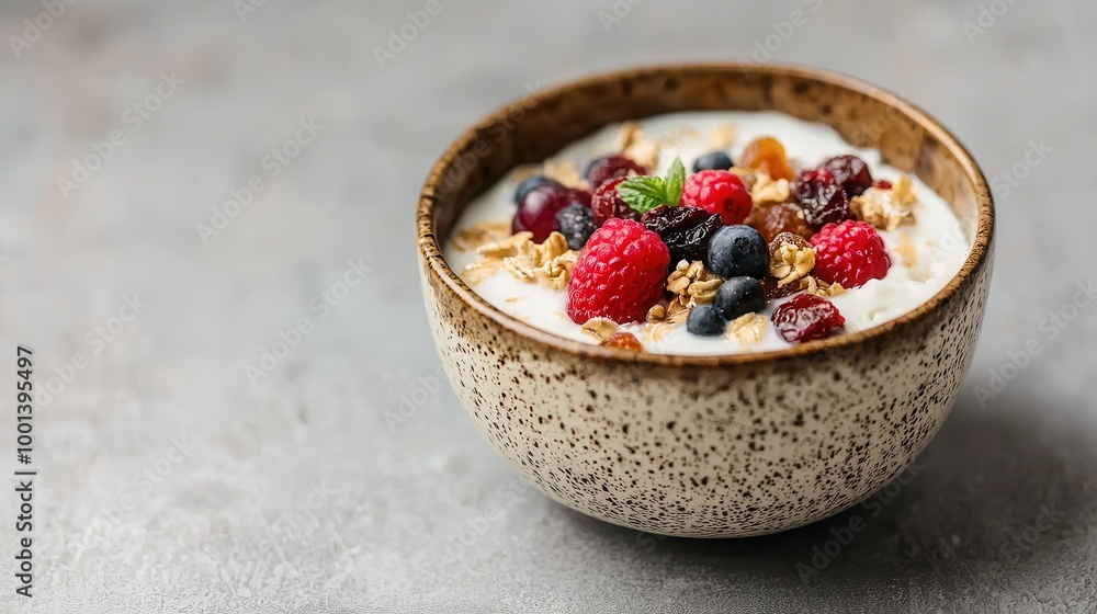 A delicious bowl of yogurt topped with fresh berries and granola, perfect for a healthy breakfast or snack. A delicious bowl of yogurt topped with fresh berries and granola, perfect for a healthy breakfast or snack.