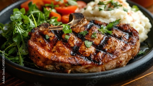 Juicy grilled pork chops, charred and seasoned, served with mashed potatoes and a side of greens.