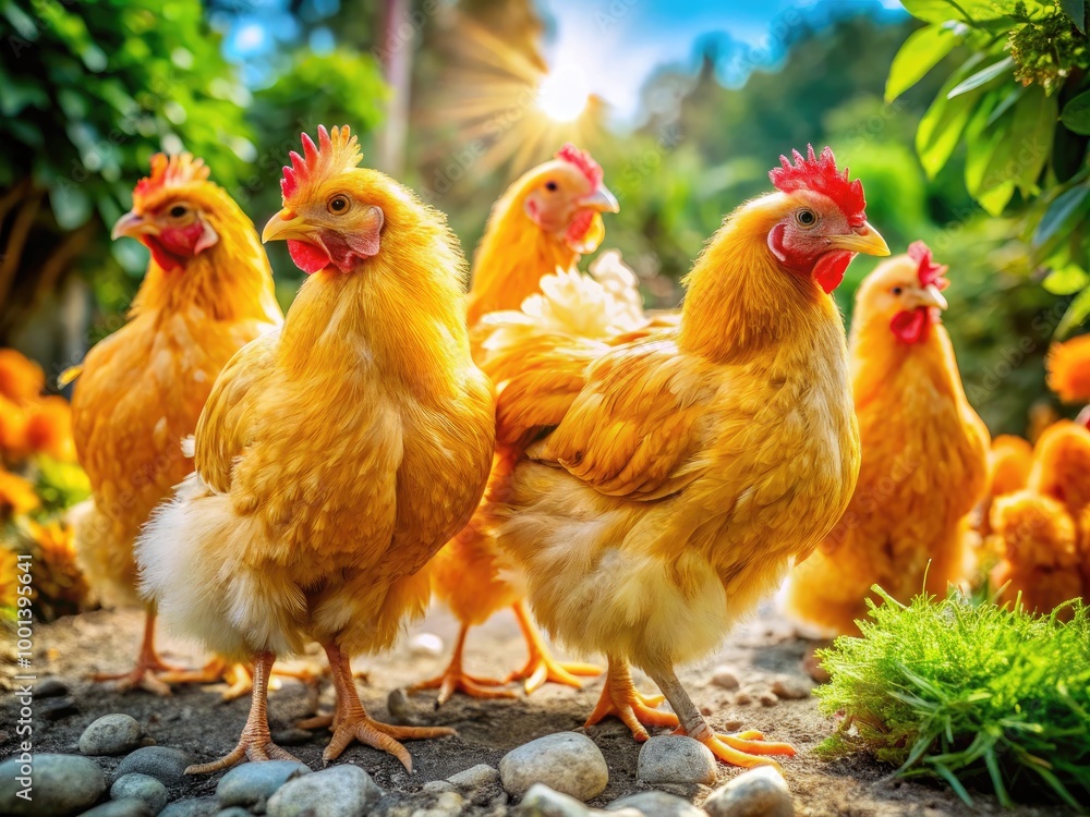 Fototapeta premium Adorable golden lace chicks exploring a sunny garden, showcasing their fluffy feathers and charm