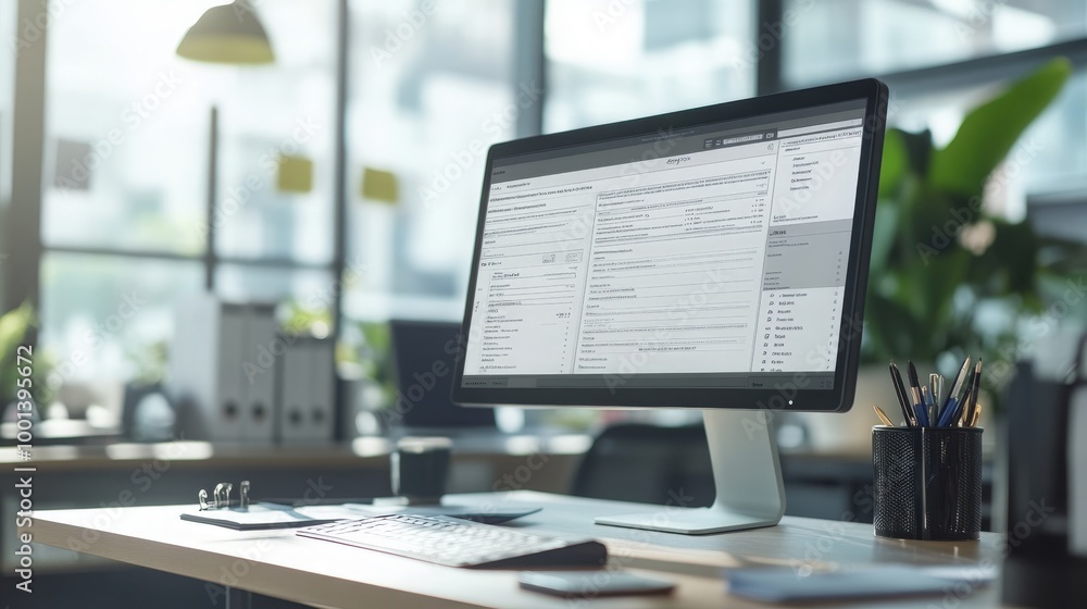 Detailed view of online tax forms and invoice software on a desktop monitor. Modern office background with organized desk and tech gadgets Detailed view of online tax forms and invoice software on a desktop monitor. Modern office background with organized desk and tech gadgets