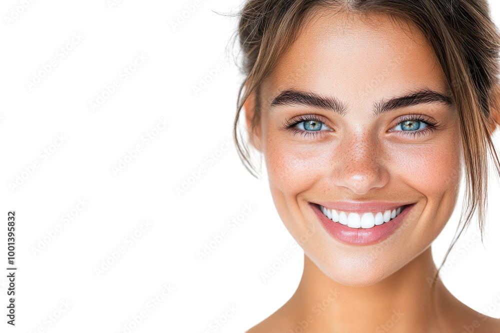 Naklejka premium A woman with a bright smile and blue eyes. on transparent background png