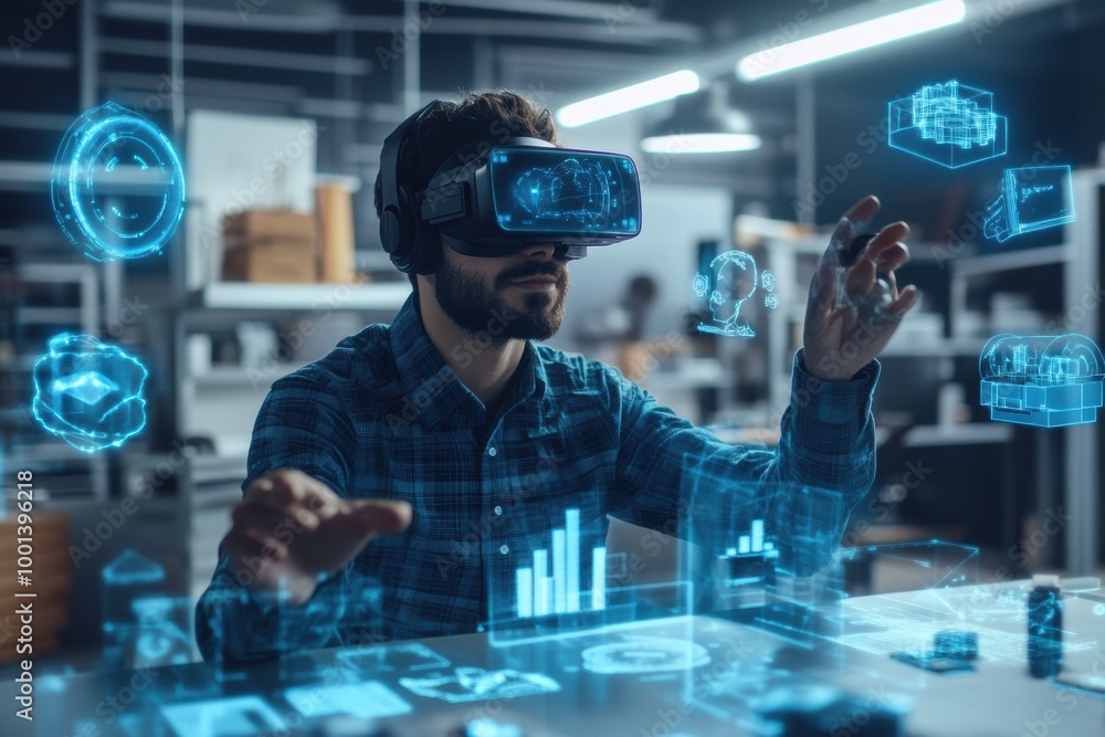 Fototapeta premium A virtual reality designer explores innovative concepts in a modern studio surrounded by floating 3D digital objects. Generative AI