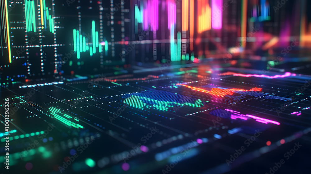 black 3D background colorful finance graph and investment bar, showcasing growth and success in the market with technology currency reports chart. Business stock world economy AI computer black 3D background colorful finance graph and investment bar, showcasing growth and success in the market with technology currency reports chart. Business stock world economy AI computer