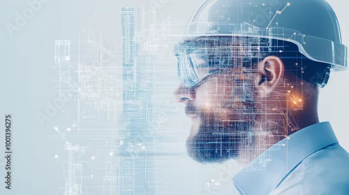 Obraz A building engineer wearing smart glasses, managing digital architectural designs