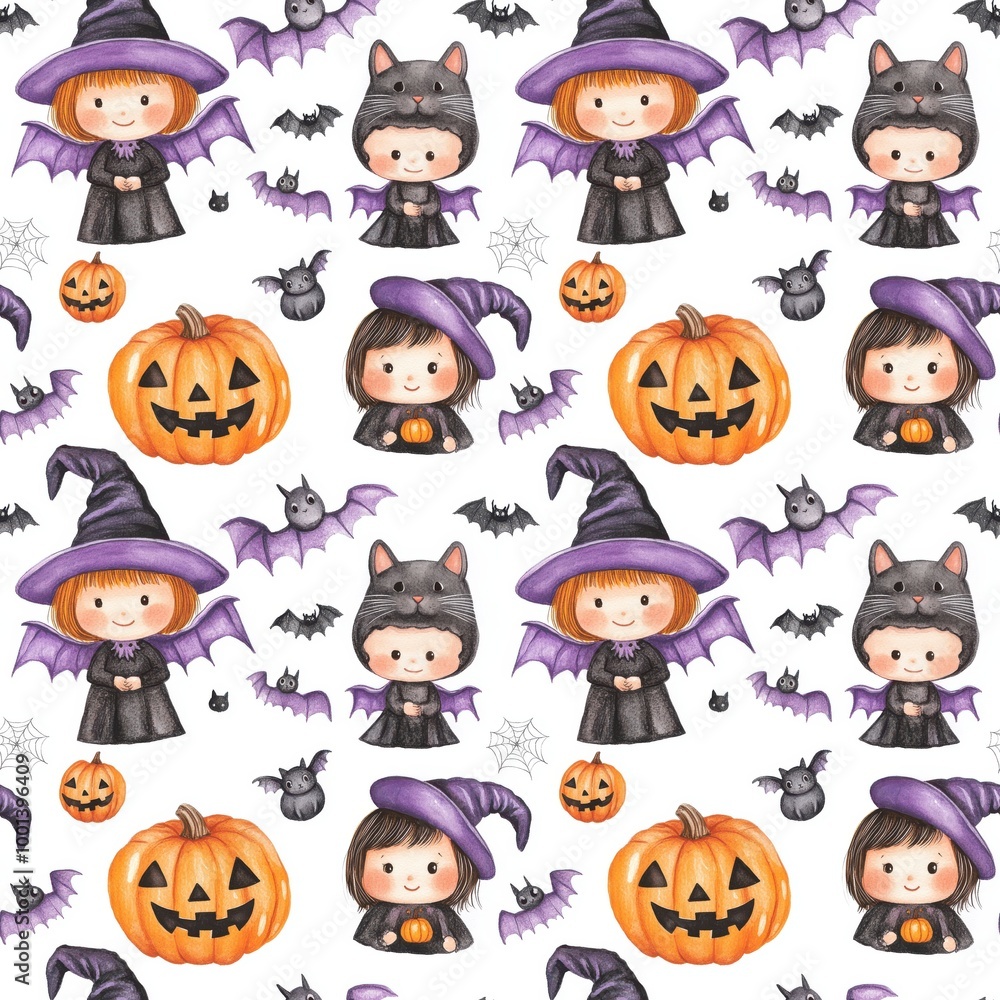 Colorful Halloween-themed illustration featuring cute witches, pumpkins, and bats in a playful, repeating pattern. Colorful Halloween-themed illustration featuring cute witches, pumpkins, and bats in a playful, repeating pattern.