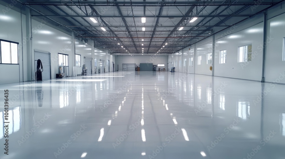 Large, empty workshop with a polished epoxy resin floor, gleaming under bright overhead lights. Perfect for showcasing a clean and professional space. Large, empty workshop with a polished epoxy resin floor, gleaming under bright overhead lights. Perfect for showcasing a clean and professional space.