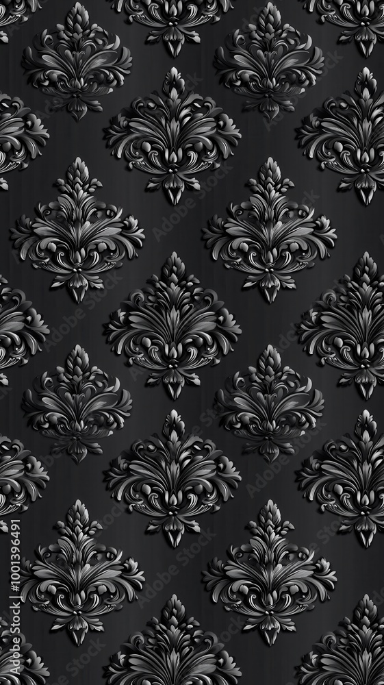 A textured black wallpaper featuring intricate damask patterns, exuding elegance and sophistication. A textured black wallpaper featuring intricate damask patterns, exuding elegance and sophistication.