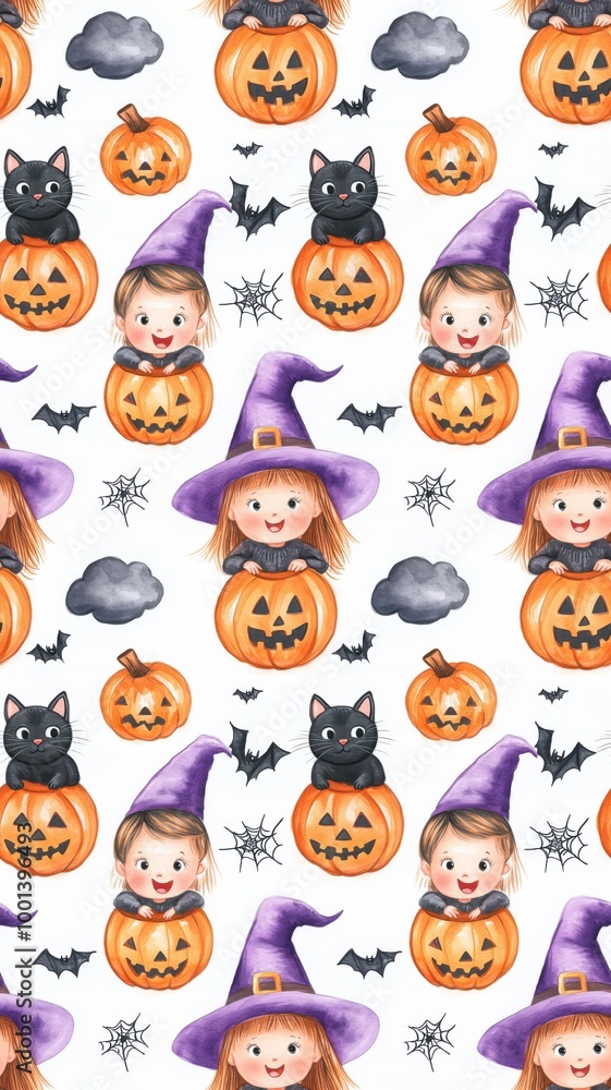 Fototapeta premium A whimsical Halloween-themed pattern featuring children in witch hats, pumpkins, black cats, bats, and playful clouds.