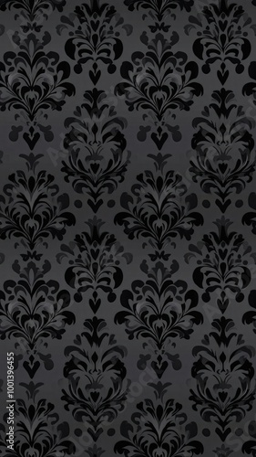 A sophisticated black damask pattern featuring intricate floral motifs against a dark background, ideal for elegant decor and design.