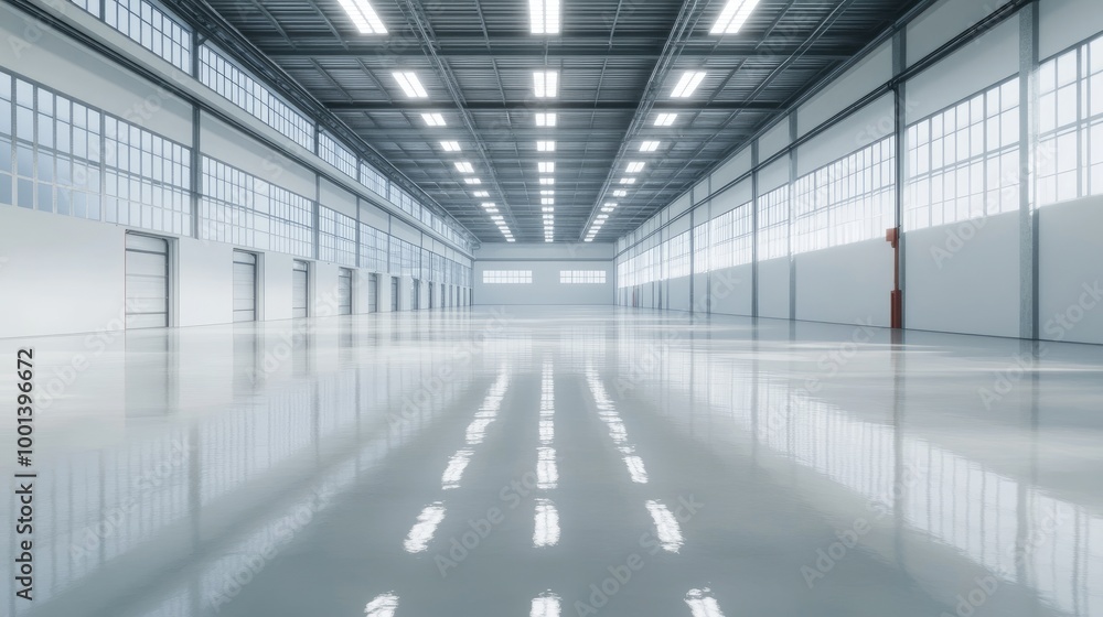 Large, empty workshop with a polished epoxy resin floor, gleaming under bright overhead lights. Perfect for showcasing a clean and professional space. Large, empty workshop with a polished epoxy resin floor, gleaming under bright overhead lights. Perfect for showcasing a clean and professional space.