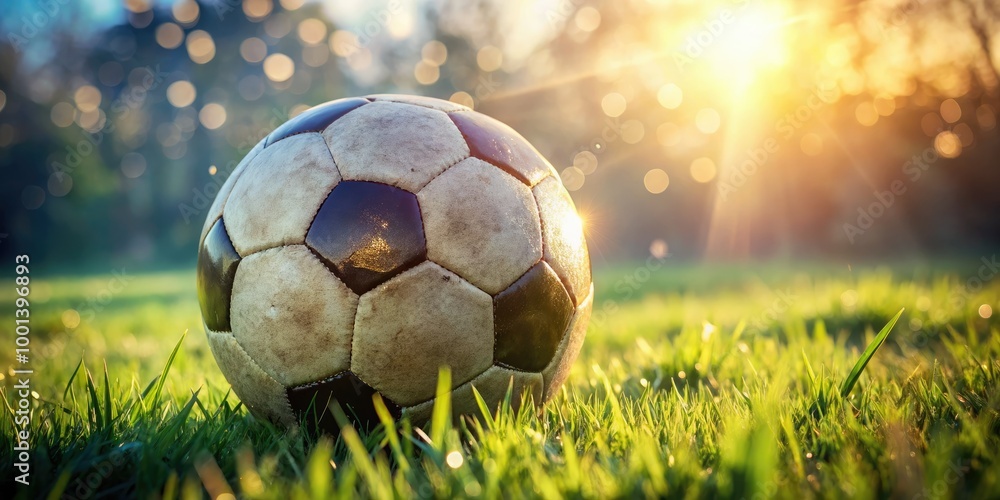 Fototapeta premium A worn, dimpled soccer ball sits isolated on a lush green grassy field, its panels glistening with dew against a soft, blurred natural background.