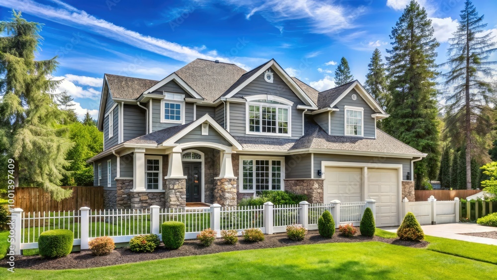 Beautiful large modern suburban home with gray stone exterior, green grass, and tall trees, surrounded by a white picket fence on a sunny day. Beautiful large modern suburban home with gray stone exterior, green grass, and tall trees, surrounded by a white picket fence on a sunny day.
