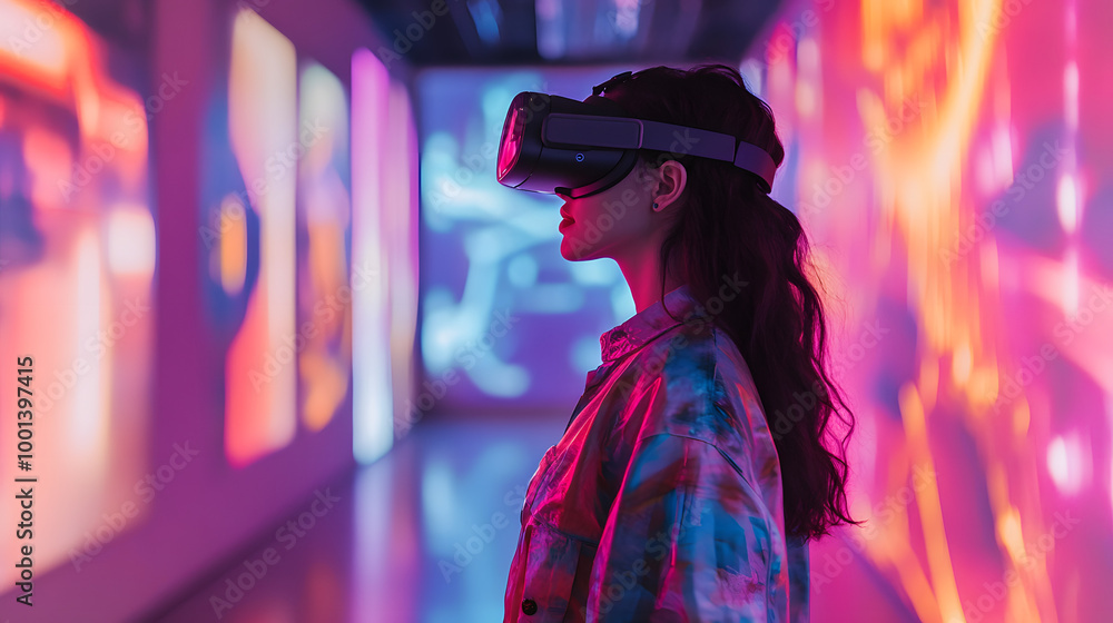 Obraz premium Young woman wear VR headset glasses goggles futuristic digital virtual world future technology metaverse cyberspace interaction reality 3D data gaming art gallery entertainment game show performance 