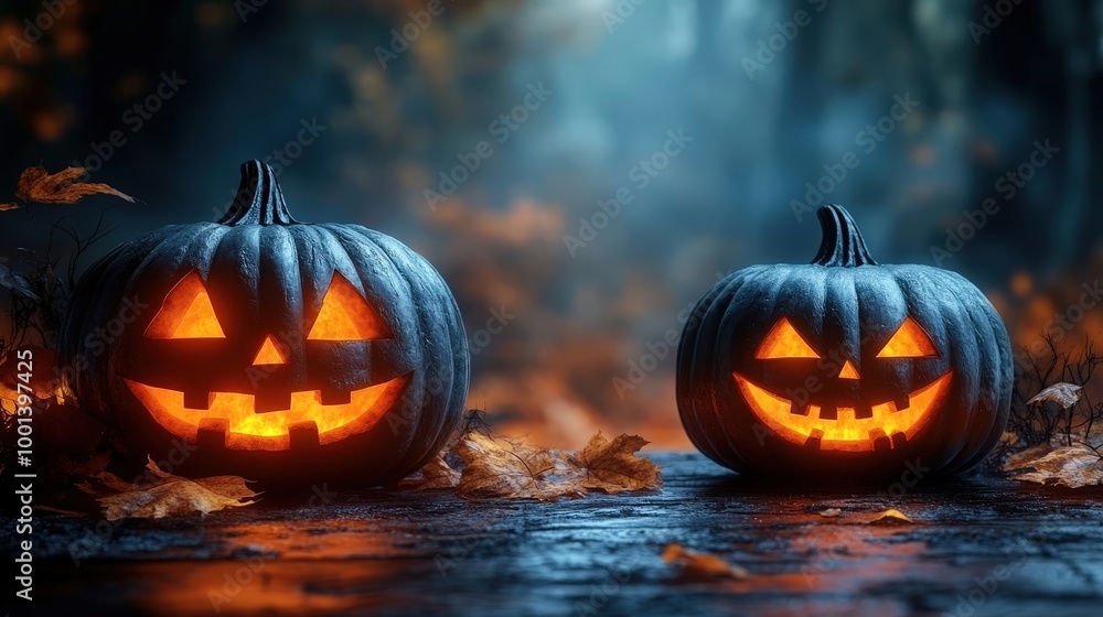 Two glowing jack-o'-lanterns with carved faces sit on a wooden surface with fallen leaves scattered around them in a dimly lit forest setting. Two glowing jack-o'-lanterns with carved faces sit on a wooden surface with fallen leaves scattered around them in a dimly lit forest setting.