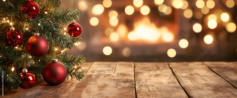 A Christmas tree adorned with red ornaments stands against a blurred background of warm lights. A Christmas tree adorned with red ornaments stands against a blurred background of warm lights.
