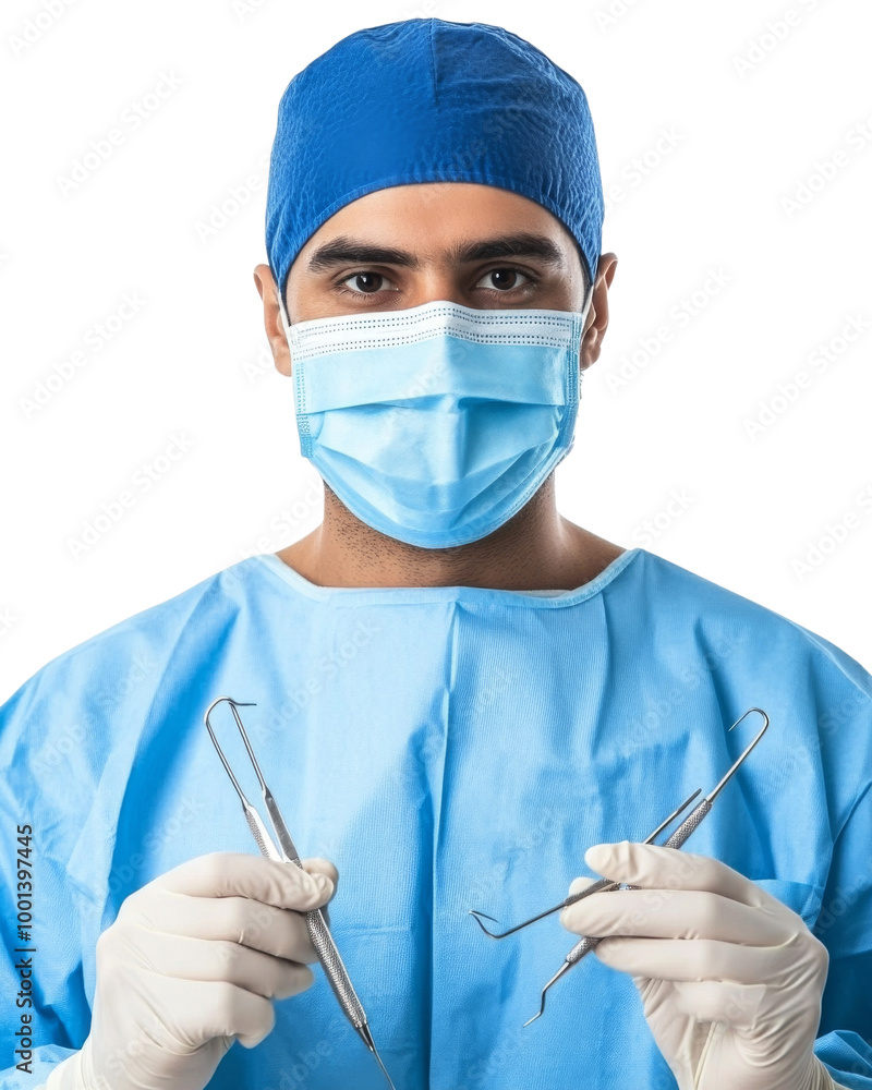 A man in a blue surgical outfit holding two dental instruments. on transparent background png A man in a blue surgical outfit holding two dental instruments. on transparent background png