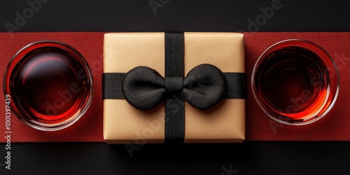 A beautifully wrapped gift with a black bow sits between two glasses of red liquid on a red surface, all against a dark background. photo