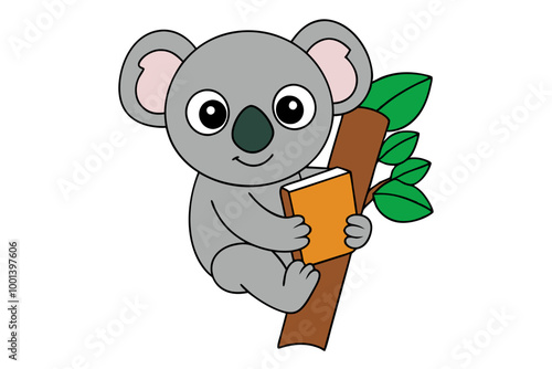 Koala Climbing a Tree While Holding a Book Animal Clipart Vector Illustration