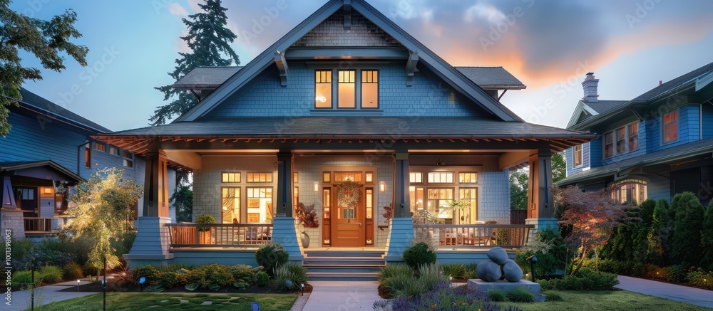 Classic urban craftsman house in soft periwinkle, showcasing intricate woodwork, a charming front porch, and a twilight sky. Classic urban craftsman house in soft periwinkle, showcasing intricate woodwork, a charming front porch, and a twilight sky.