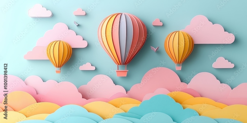 Fototapeta premium Papercraft Hot Air Balloons Soaring Through Pastel Clouds