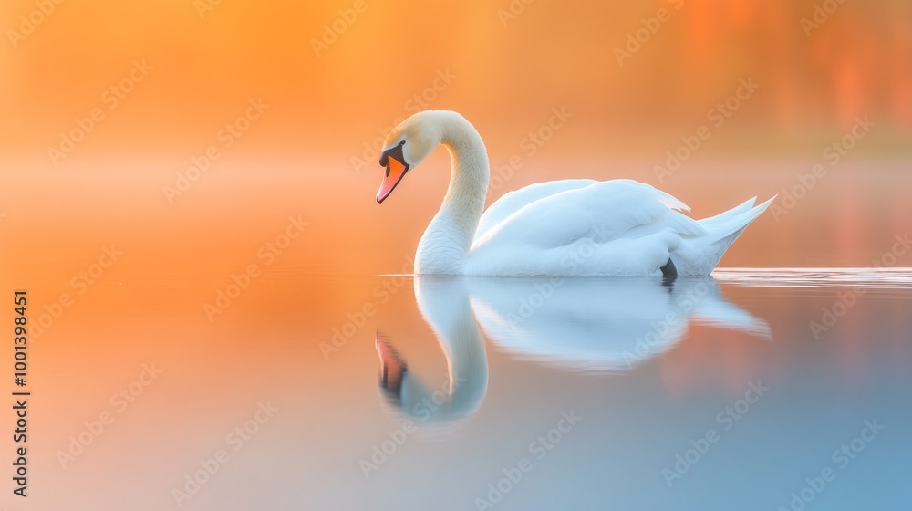 Obraz premium A serene swan glides across a calm lake, reflecting the vibrant colors of dawn.