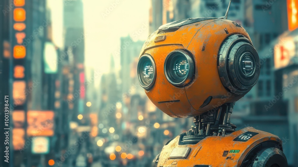 Retro scifi robot in a futuristic city, pop art, bright colors, digital painting Retro scifi robot in a futuristic city, pop art, bright colors, digital painting