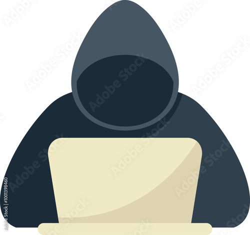 Faceless hacker avatar wearing a hoodie using a laptop, concept for cyber security, data protection, privacy, and internet security