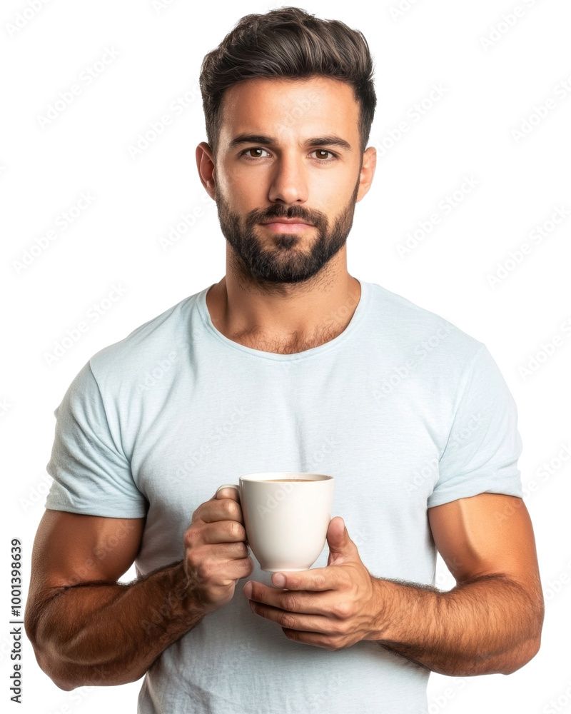 A man with a beard is holding a white coffee cup. on transparent background png A man with a beard is holding a white coffee cup. on transparent background png