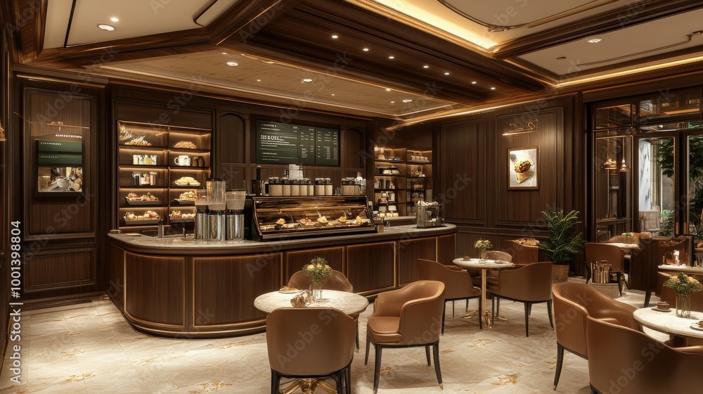 Obraz premium Discover a luxurious coffee shop model featuring elegant decor, plush seating, and a menu focused on high-end coffee and gourmet food pairings