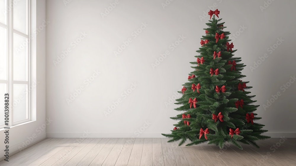 Christmas tree decorated with red and green bows, in a cozy room. Christmas tree decorated with red and green bows, in a cozy room.