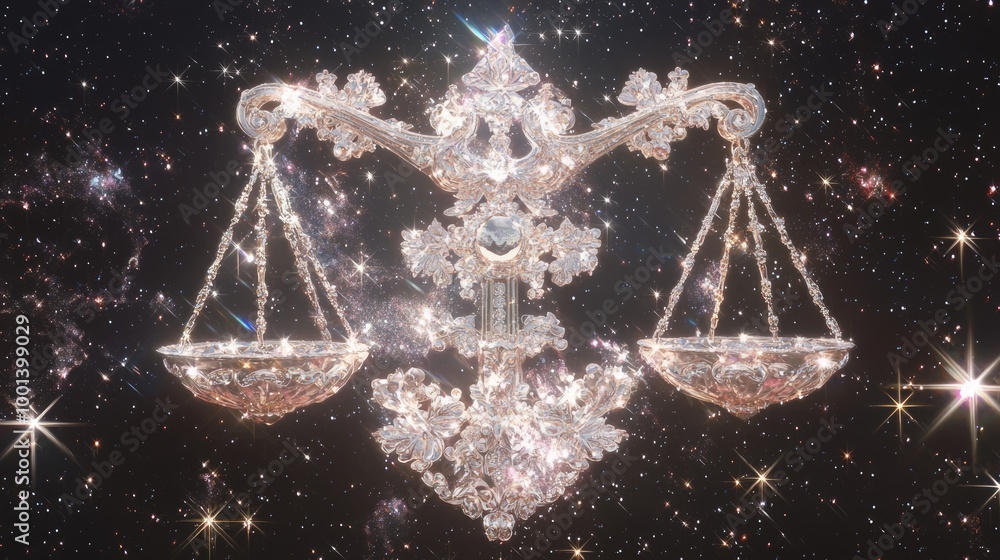 Cosmic Harmony - Intricate Digital Painting of Libra Symbol with Floral and Celestial Motifs in Stellar Galaxy Surrounding Cosmic Harmony - Intricate Digital Painting of Libra Symbol with Floral and Celestial Motifs in Stellar Galaxy Surrounding