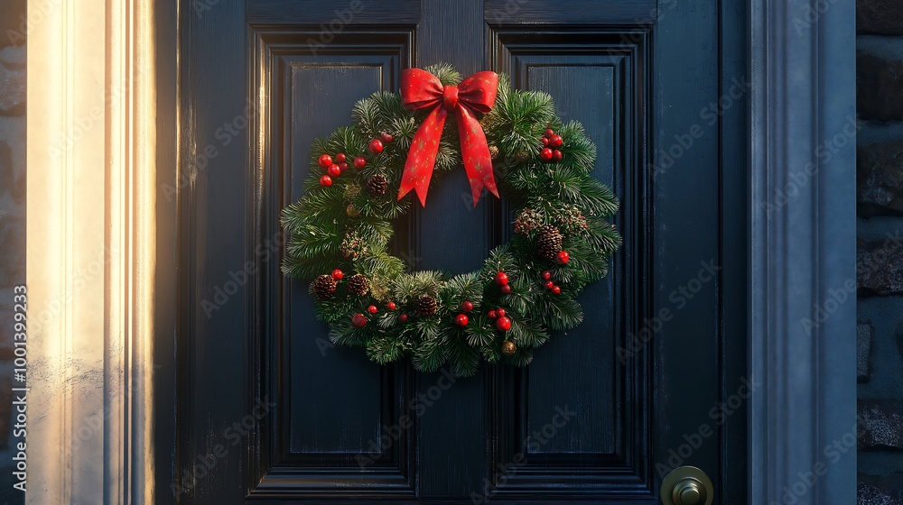Red and green christmas wreath hanging in front of the door in christmas day. Red and green christmas wreath hanging in front of the door in christmas day.