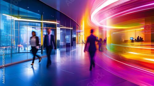 Abstract long exposure motion crowd of business people walking commercial centre corporate office in modern city downtown street. Fast pace busy crowded stress professional finance businessman