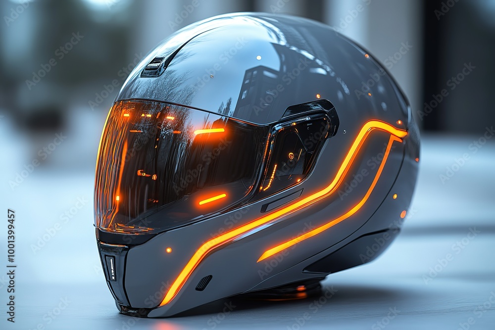 A futuristic helmet with orange lights on it A futuristic helmet with orange lights on it