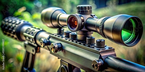Wallpaper Mural Close-up of a high-powered rifle scope with intricate details, adjustable dials, and a reticle pattern, set against a blurred, dark green military-inspired background. Torontodigital.ca