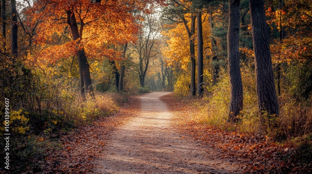 Obraz premium Discover a tranquil autumn path in the forest, with fiery fall colors providing a breathtaking and peaceful backdrop for a calming walk