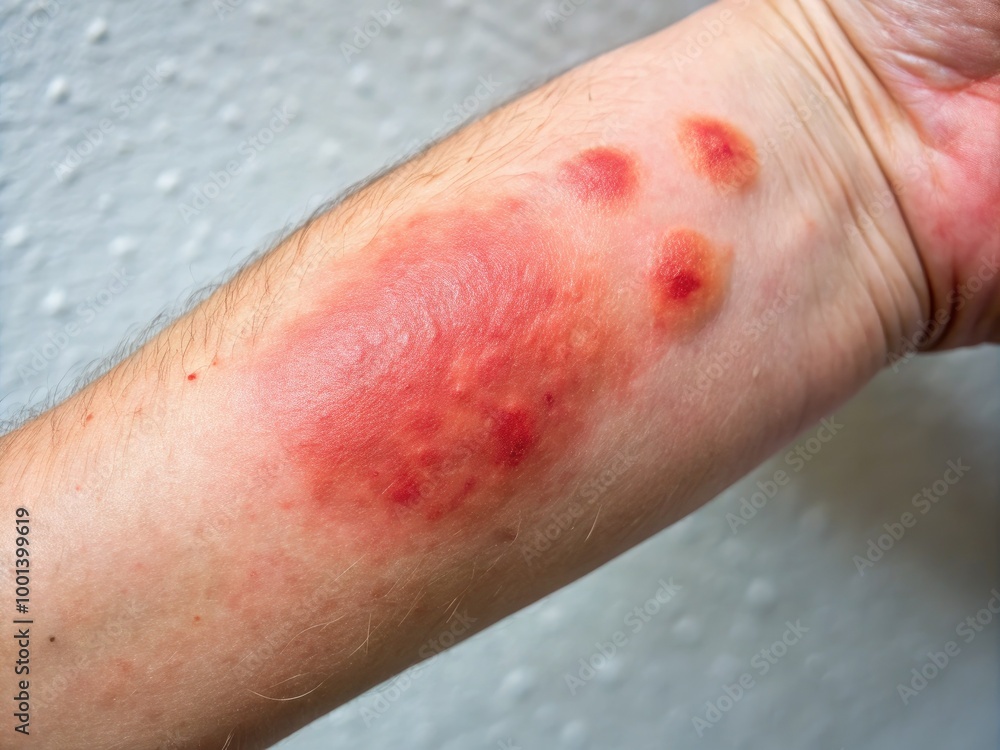 Fototapeta premium Close-up of a raised, red, and swollen skin reaction on the forearm, indicating a positive result in a Tuberculin Skin Test (Mantoux Test).