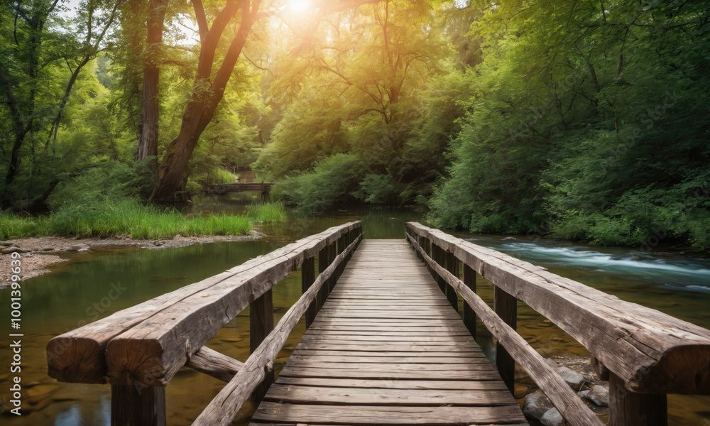 A wooden bridge extends over a calm, clear stream in a forest on a sunny day A wooden bridge extends over a calm, clear stream in a forest on a sunny day