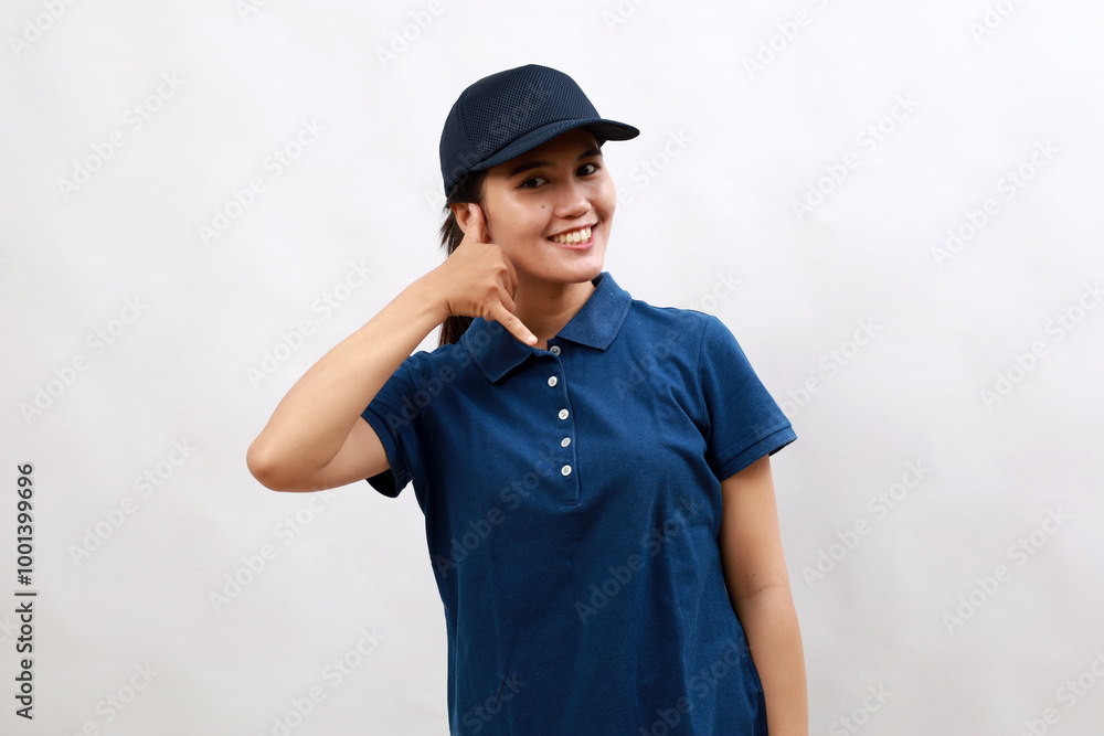 Young hispanic woman courier wearing delivery uniform and cap smiling doing phone gesture with hand and fingers like talking on the telephone. communicating concepts. Young hispanic woman courier wearing delivery uniform and cap smiling doing phone gesture with hand and fingers like talking on the telephone. communicating concepts.